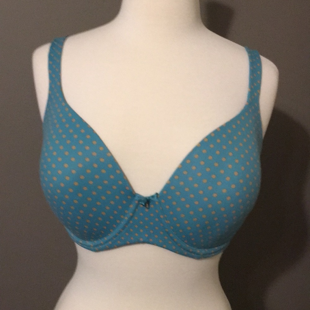 Teal and tan polka dot bra